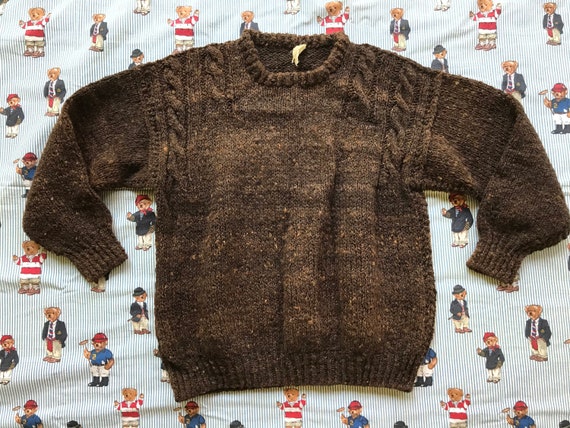 Nubby Brown Wool Cable knit sweater, Hand knit in… - image 2