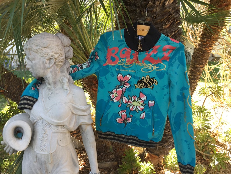 Don ED HARDY Buzz Kill Bumble Bee Jacket Skull Candy Arms Size Small Nice weight Cotton Spandex Hollywood Bull Dog Label 2 Front Pockets
