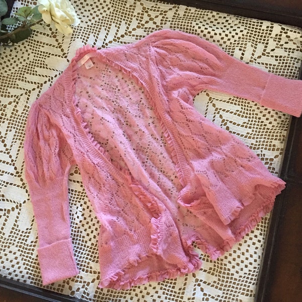 Victoria Secret FLIRTY PINK SORBET Angora Blend Sweater Size M/L Trimmed in a romantic silk ruffle Unique Jagged Hemline
