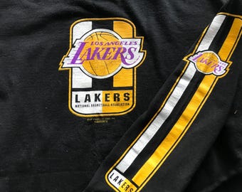 Long Sleeve L A LAKERS CREW T Shirt by Lee Sport Size Adult Small- Medium or Kids XL 18-20 Graphics on Sleeve and front 100% Soft Cotton
