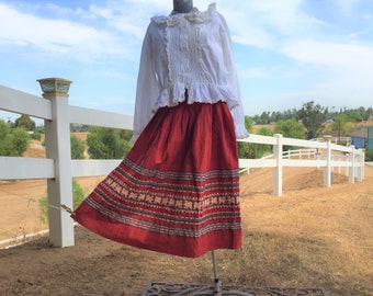 Vintage Guatemalan Folk Skirt, Hand-Loomed Cotton, Embroidered Peacock Border