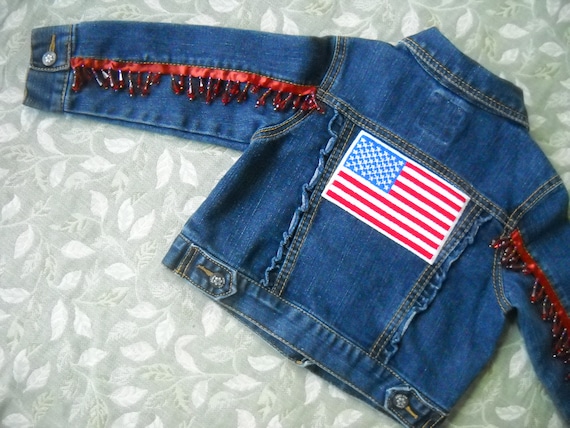 Patriotic Denim Toddler Jacket, Flag Patch, Beaded Fringe, Size 2T