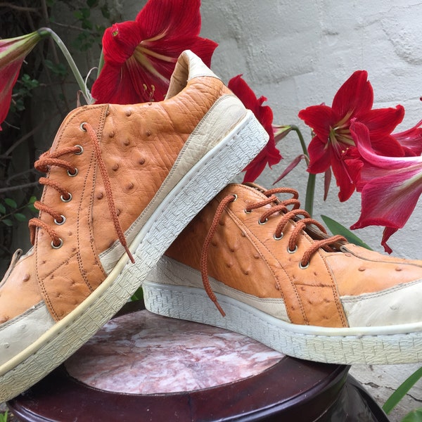 OSTRICH LEATHER SNEAKERS Handcrafted Butterscotch Hue Rubber Sole by Top Line Fine Footwear for Country Clubbin  in Miami Size 10.5