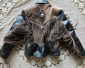 Leather Moto Jacket with 6 inch Fringe & Braid trim accents Size Small by Antelope Creek Leather Double Thinsulate Lining 3 Cabochons