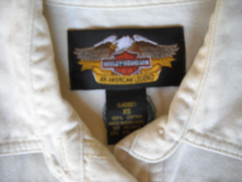 Harley Davidson Off white Denim jacket, unlined. western style yoke, topstitching, turquoise embroidery, Size Extra Small image 5