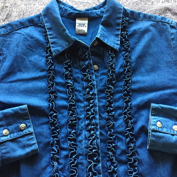 Denim Poets Ruffle Shirt in Size 1X 100% Light Weight Denim Cotton Perfect to wear in your Art Studio 8 Hidden Buttons 4 more on Cuffs
