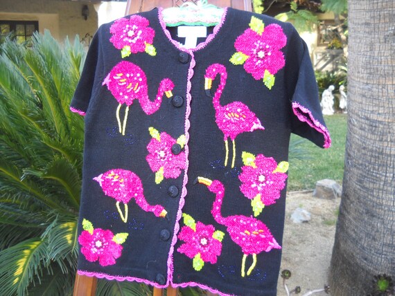 Novelty Hot Pink Flamingo Sweater Features Appliqued Embroidered