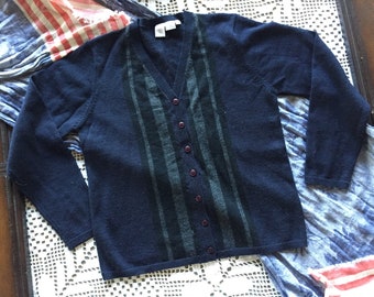100% WOOL Professor Sweater/ Cardigan by CW Preppy Vertical stripes in front 7 Buttons Navy and Gray Hues Size Medium