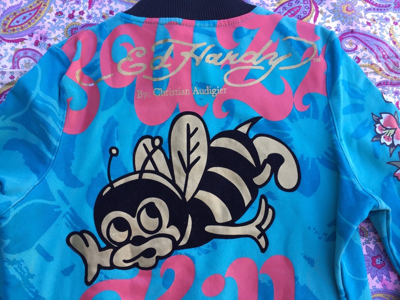 Don ED HARDY Buzz Kill Bumble Bee Jacket Skull Candy Arms Size Small Nice weight Cotton Spandex Hollywood Bull Dog Label 2 Front Pockets