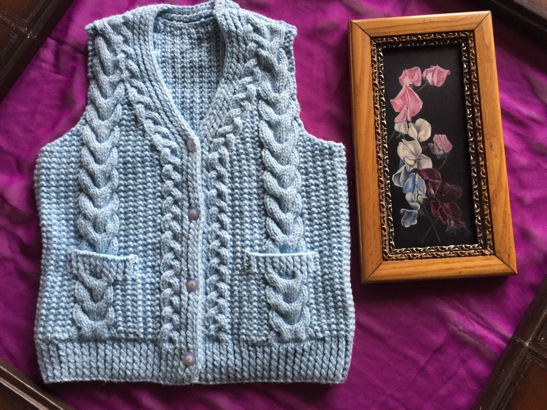 Baby Blue Chunky Hand Knit Vest 1970s Size Small Cotton Blend Heavy