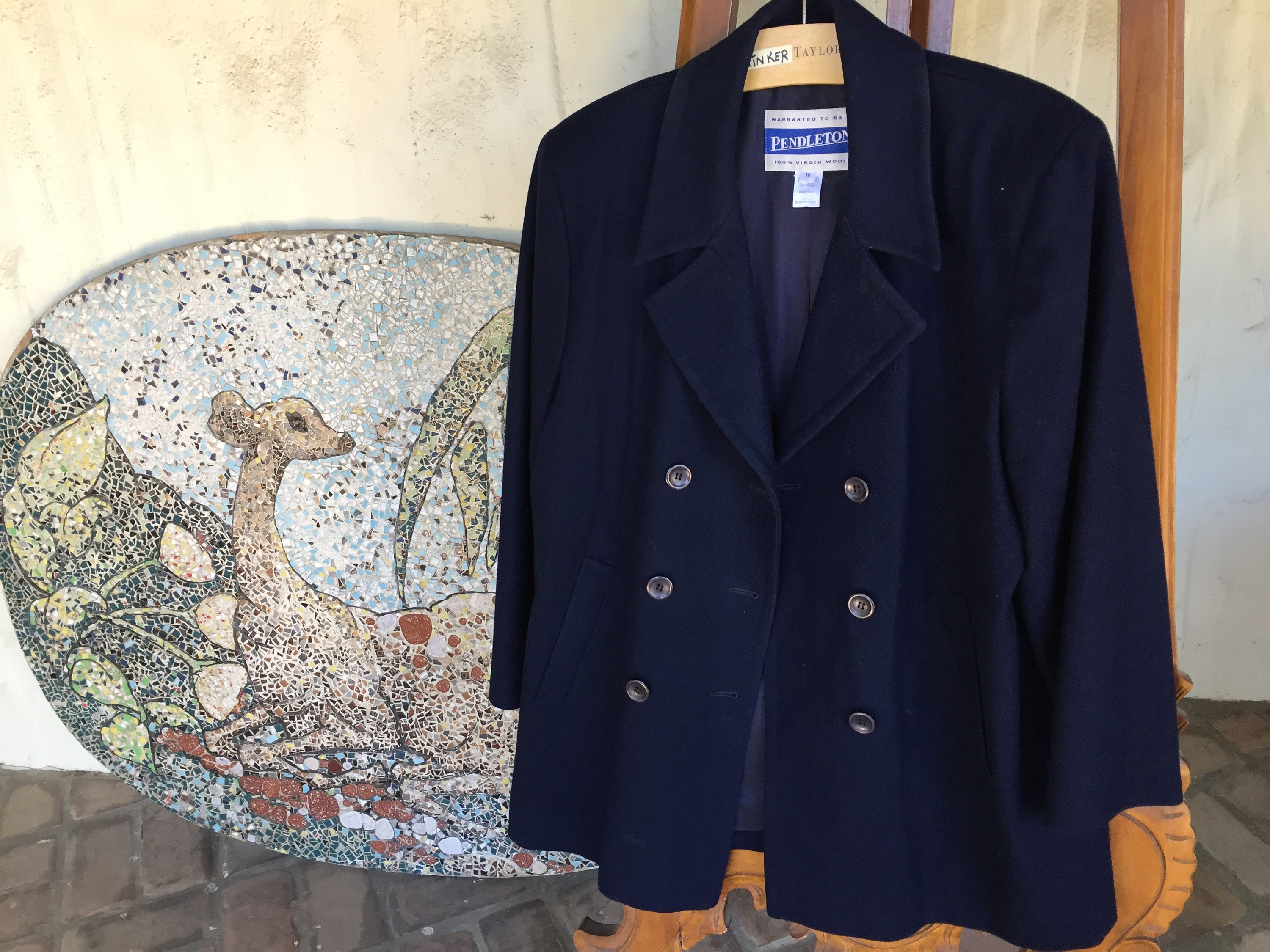 Pendleton Navy Virgin Wool Double Breasted Pea Coat Size 14