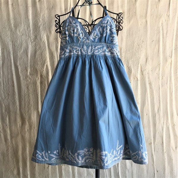 Sky Blue Cotton Embroidered Halter Style Sundress Size Small to Medium 100% Cotton with delicate White Embroidery Ties at back of neck