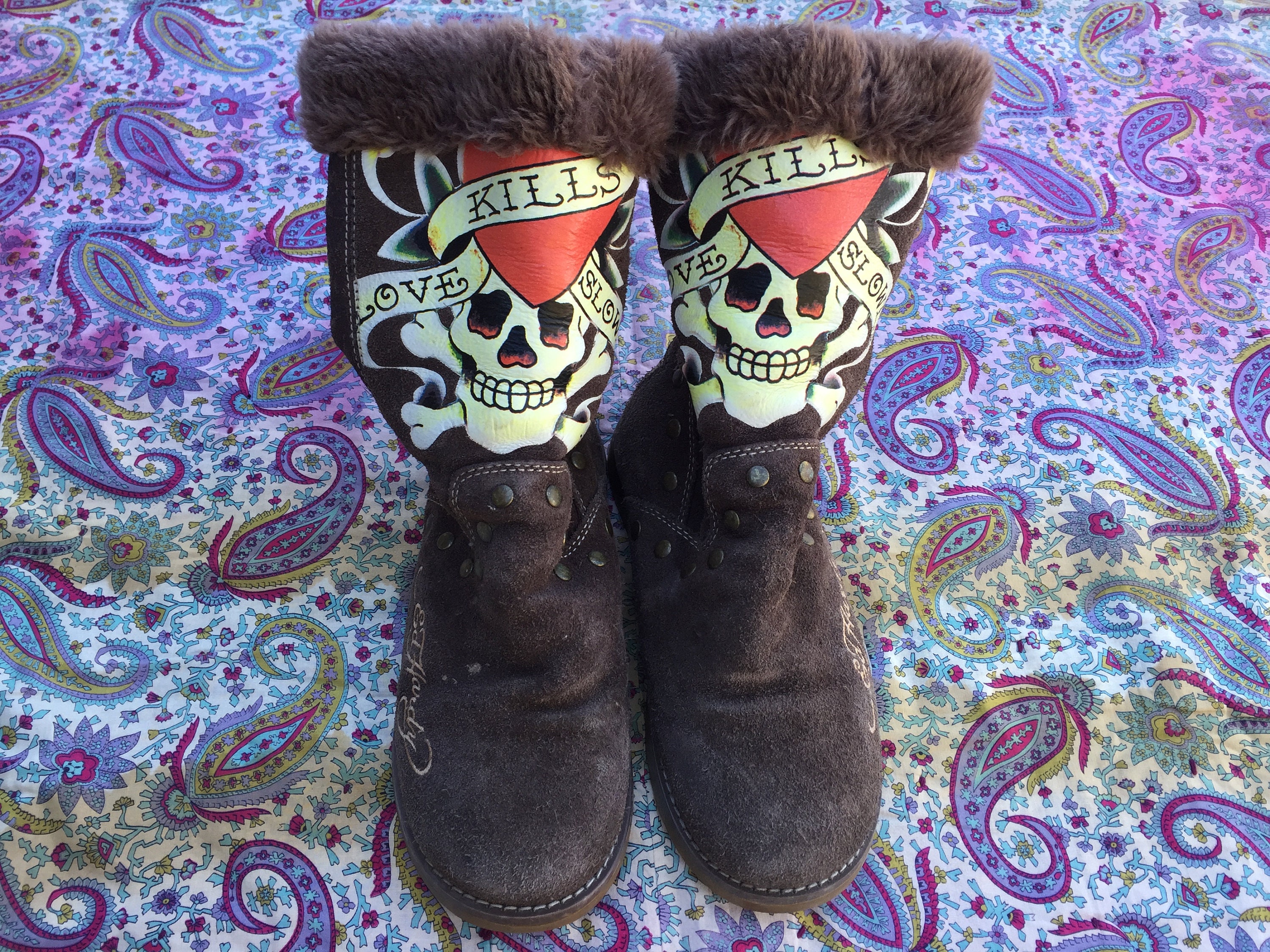 Vintage Ed Hardy Love Kills Slowly Ugg Style Boots in Size 7 US 4.5 UK 38 EUR 23 Japan Made of Brown Suede With Studs Rubber Soles Etsy UK