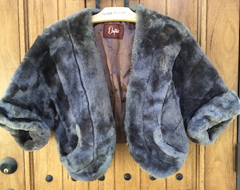 Mouton Wrap Shawl Capelet Wear it as a wrap or a jacket Unique Design in a Dark Cloud Gray Mouton Fur by Dayton's Solid Brown Satiny Lining