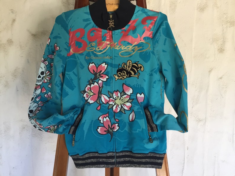 Don ED HARDY Buzz Kill Bumble Bee Jacket Skull Candy Arms Size Small Nice weight Cotton Spandex Hollywood Bull Dog Label 2 Front Pockets