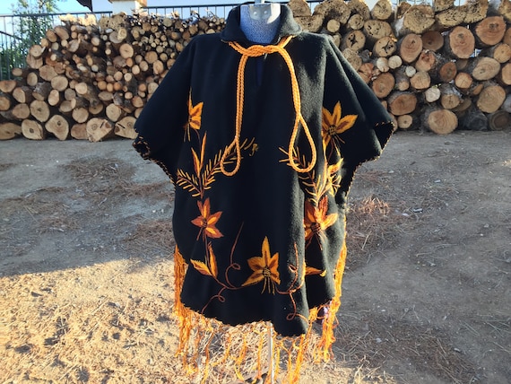 Black 1960s HEAVY Felted Wool Mexican Embroidered