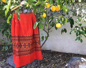 Sunset Orange Guatemalan Textile Skirt, Hand loomed, Hand Embroidered Waist measures 28-29 inches Length is below knee 36 inches