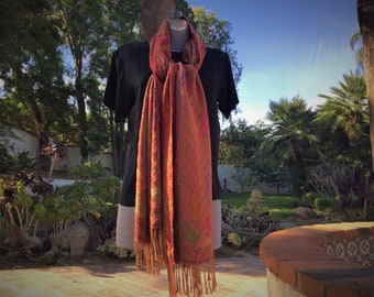 Fire Red and Orange Paisley Shawl with an intricate border and Hand Twisted Fringe Extra Long Measures 75 x 21 inches  Feels like Pashmina