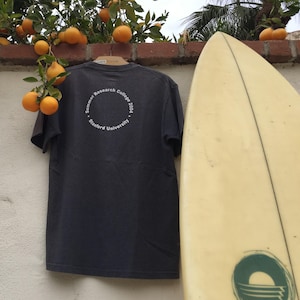 May include: A dark gray t-shirt with the text "Summer Research College 2004 Stanford University" printed on the back. The shirt is hanging on a hanger and is next to a surfboard.