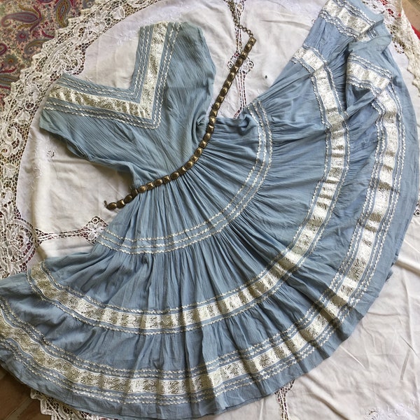 SKY BLUE Crepe NAVAJO Princess dress Fiesta Dress, Rick Rack Dress Squaw Dress Patio Dress Size Small Hand Made Gorgeous 14 inch side zipper