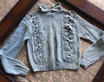 Hand Crochet Silk Angora Blend Pullover Sweater Size Medium (tag says 2) by "Poles" beautiful pattern