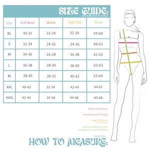 Op de afbeelding: Een maattabel met de tekst SIZE GUIDE: circumference in inches en HOW TO MEASURE. Het bevat een tabel met kolommen voor maat, buste, taille, heup en torso, naast een lijntekening van een figuur met gekleurde meetlijnen voor de lichaamsmaten.