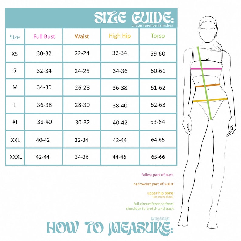 Op de afbeelding: Een maattabel met de tekst SIZE GUIDE: circumference in inches en HOW TO MEASURE. Het bevat een tabel met kolommen voor maat, buste, taille, heup en torso, naast een lijntekening van een figuur met gekleurde meetlijnen voor de lichaamsmaten.
