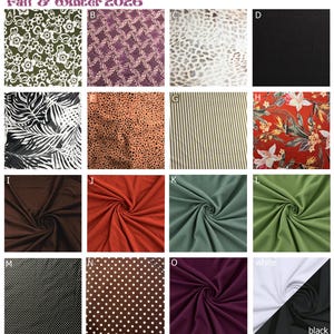 Op de afbeelding: Een collectie stofstalen met het label Fall & Winter 2026, met diverse patronen waaronder bloemen, luipaardprint, strepen en stippen, naast effen kleuren in zwart, wit, bruin, oranje, groen en dieppaars.
