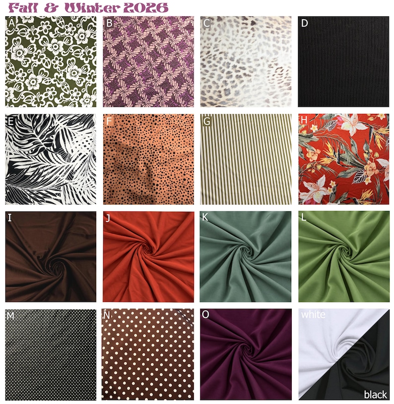 Op de afbeelding: Een collectie stofstalen met het label Fall & Winter 2026, met diverse patronen waaronder bloemen, luipaardprint, strepen en stippen, naast effen kleuren in zwart, wit, bruin, oranje, groen en dieppaars.