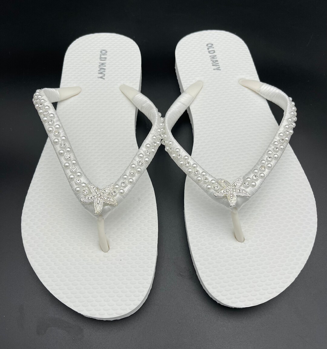 White Bridal Flip Flops, Wedding Flip Flops, Rhinestone Starfish Flip