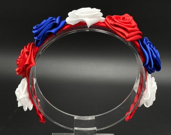 Red, White & Blue Flower Headband, Rose Headband, Roses Flower Crown, Flower Halo 4th of July Headband