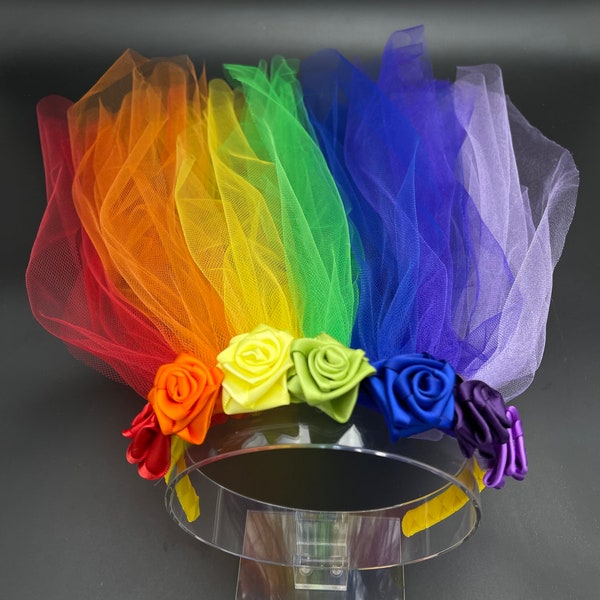 Diadema de velo de novia rosa satinado arco iris, corona arco iris, diadema arco iris, diadema de despedida de soltera, accesorio de vestuario,