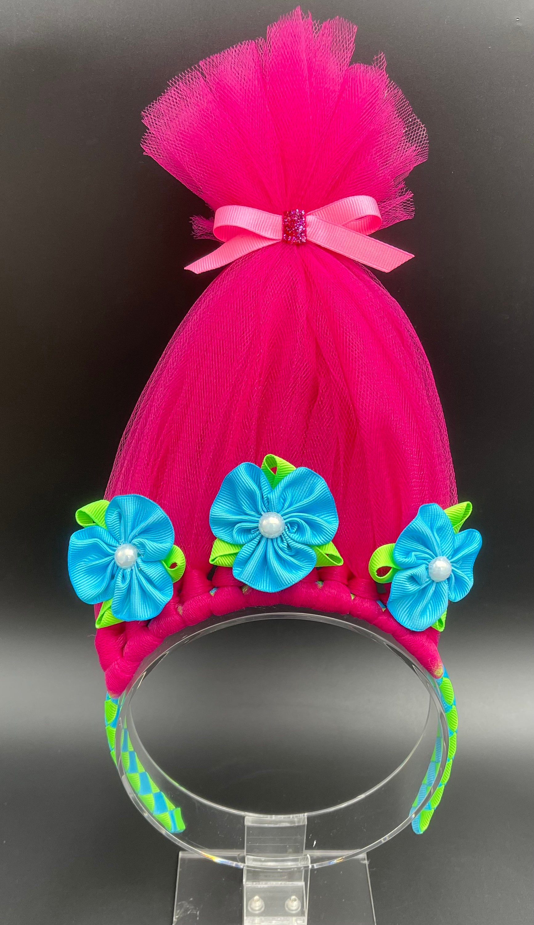Trolls Poppy Headband Turquoise Glitter Hairband with Pink Flowers 