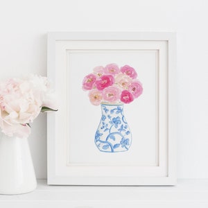 Instant Download Art | Ginger Jar Art Print Peony Bouquet Home Decor | Chinoiserie Digital Download Printable | Blue and White Pink Flowers