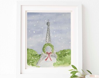Paris Weihnachten Aquarell Druck | Eiffelturm Feiertage Dekor (digitaler Download)