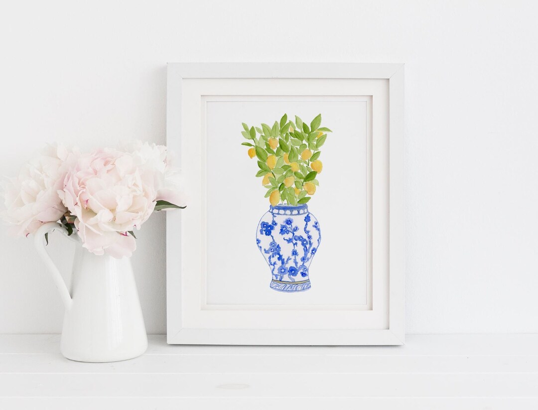 Ginger Jar Art Print Chinoiserie Art Coastal Art Ginger Jar Art Lemons