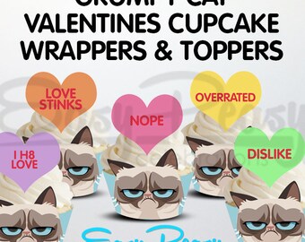 Grumpy Cat Valentines Cupcake Wrappers and Toppers