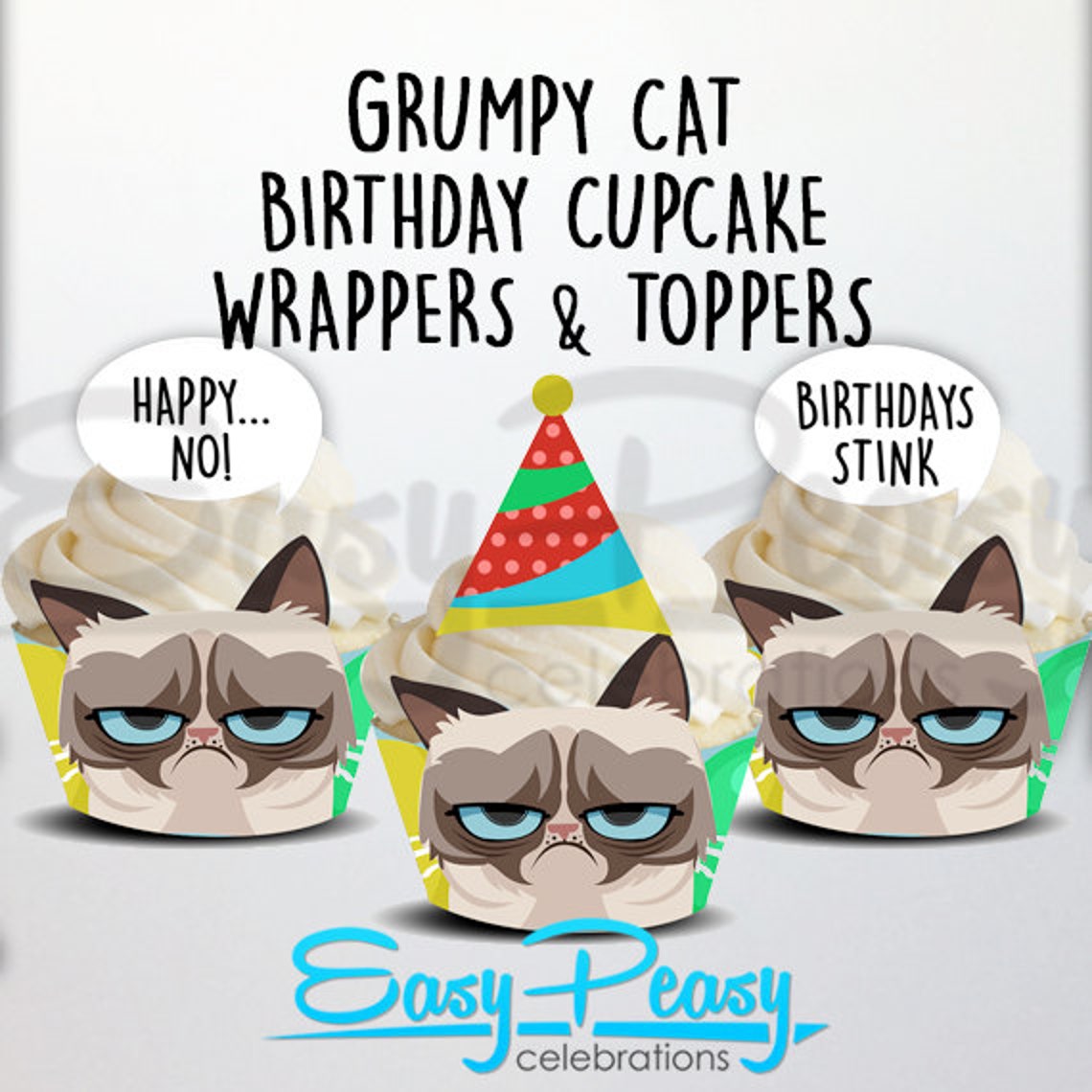 Grumpy Cat Birthday Cupcake Wrappers and Toppers - Etsy