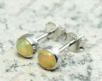 Natural Ethiopian Opal Silver Stud Earrings Gemstone Post Earrings 925 Sterling Silver Studs 4mm Round Cabochons Gems Stone Jewelry