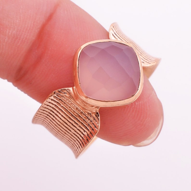 Gemstone Ring Gemstone Jewelry Rose Gold Ring Engraved Ring Rose Gold Plated Natural Pink Chalcedony Ring Chalcedony Ring