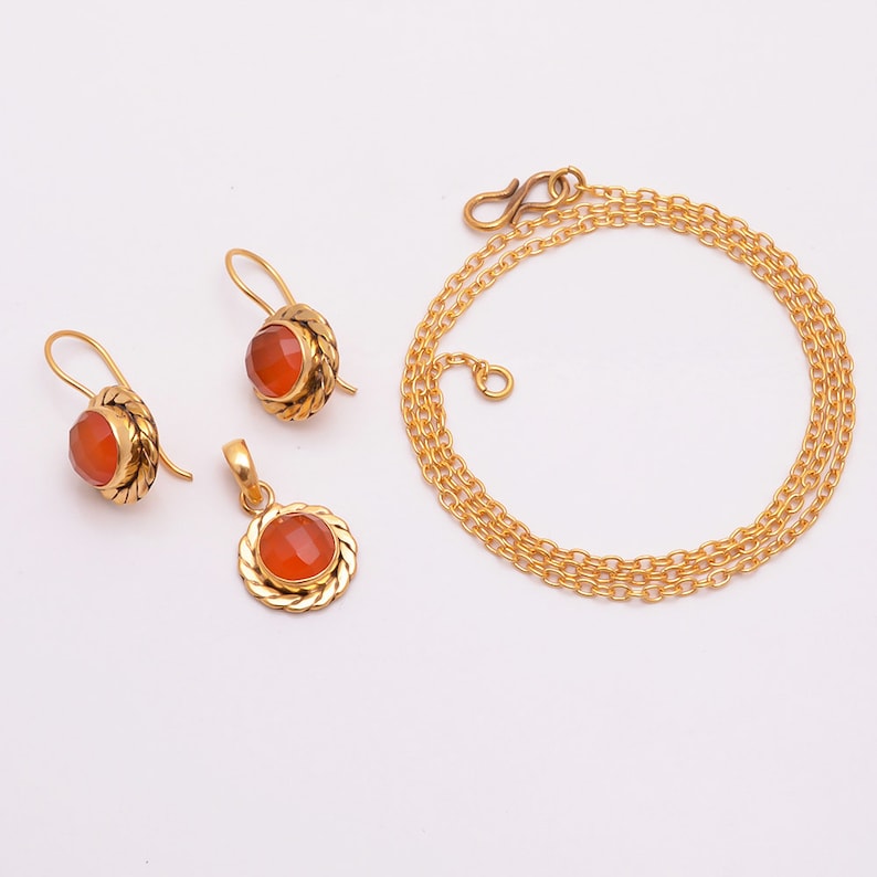 Gold Pendant Set Gemstone Jewelry Chalcedony Earrings Stone Necklace Brides Jewelry Set 14k Gold Plated Natural Red Onyx Pendant Sets