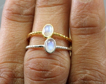 Natural Rainbow Moonstone 925 Sterling Silver Hammered Ring June Birthstone Gemstone Jewelry Wedding Anniversary - Engagement Rings C-R251