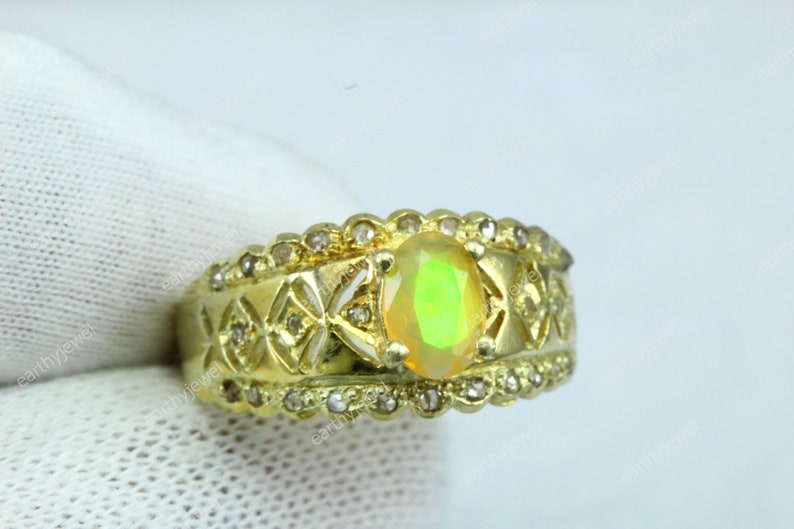 Natural Sapphire Ruby Emerald Opal Gold Vermeil Ring With Rose Cut Diamonds 925 Sterling Silver Rings Gem Stone Jewelry C-R308