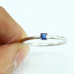 Blue Sapphire Sterling Silver Hammered Ring Gift for Her September Birthstone Gemstone Wedding Anniversary - Engagement Rings C-R557