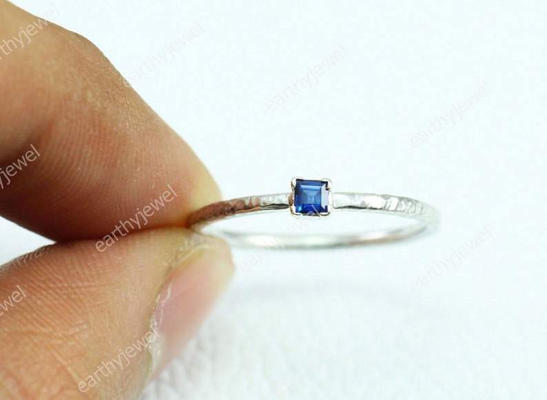 Blue Sapphire Sterling Silver Hammered Ring Gift for Her September Birthstone Gemstone Wedding Anniversary Engagement Rings C-R557 image 1