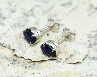 Genuine Sapphire Silver Stud Earrings Blue Gemstone Post Earrings 925 Sterling Silver Studs 4x6mm Oval Gems Stone Jewelry