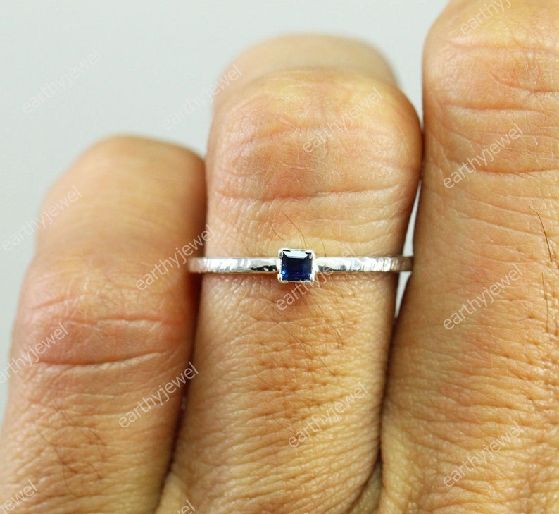 Blue Sapphire Sterling Silver Hammered Ring Gift for Her September Birthstone Gemstone Wedding Anniversary Engagement Rings C-R557 image 9