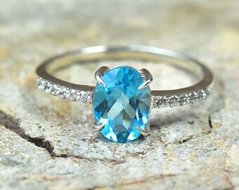 Natural Blue Topaz 14k Yellow Gold Ring November Birthstone Sterling Silver Rings Gem Stone Jewelry Engagement - Promise For Women C-R627