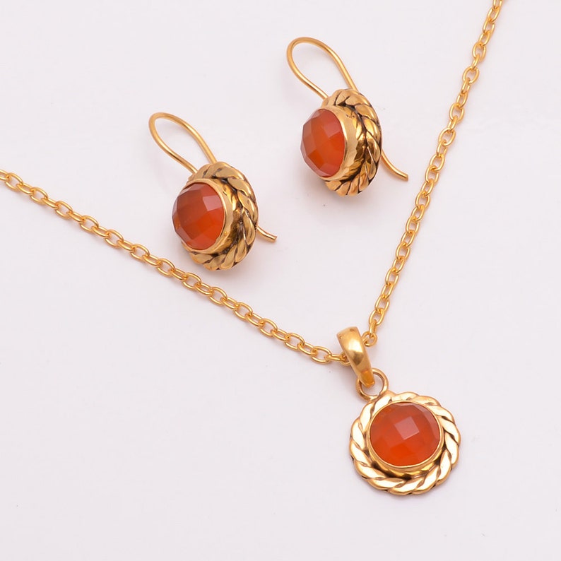 Gold Pendant Set Gemstone Jewelry Chalcedony Earrings Stone Necklace Brides Jewelry Set 14k Gold Plated Natural Red Onyx Pendant Sets