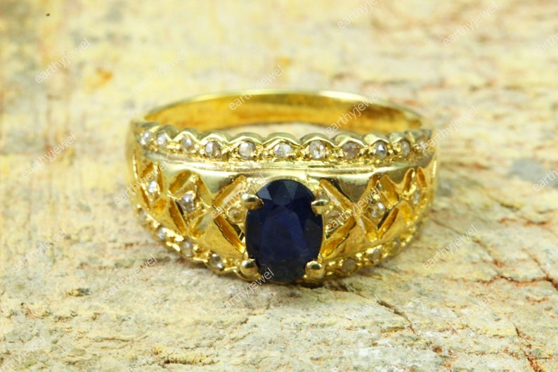 Natural Sapphire Ruby Emerald Opal Gold Vermeil Ring With Rose Cut Diamonds 925 Sterling Silver Rings Gem Stone Jewelry C-R308